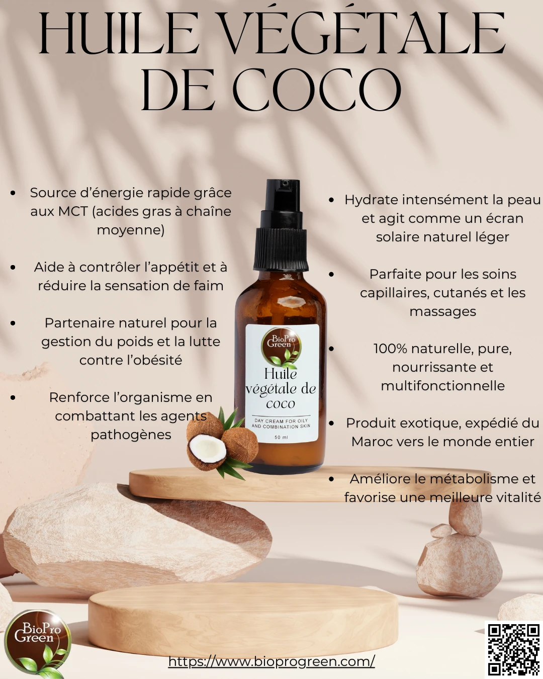 Bouteille d'huile de coco 100% pure, nourrissante et hydratante pour la peau et les cheveux.