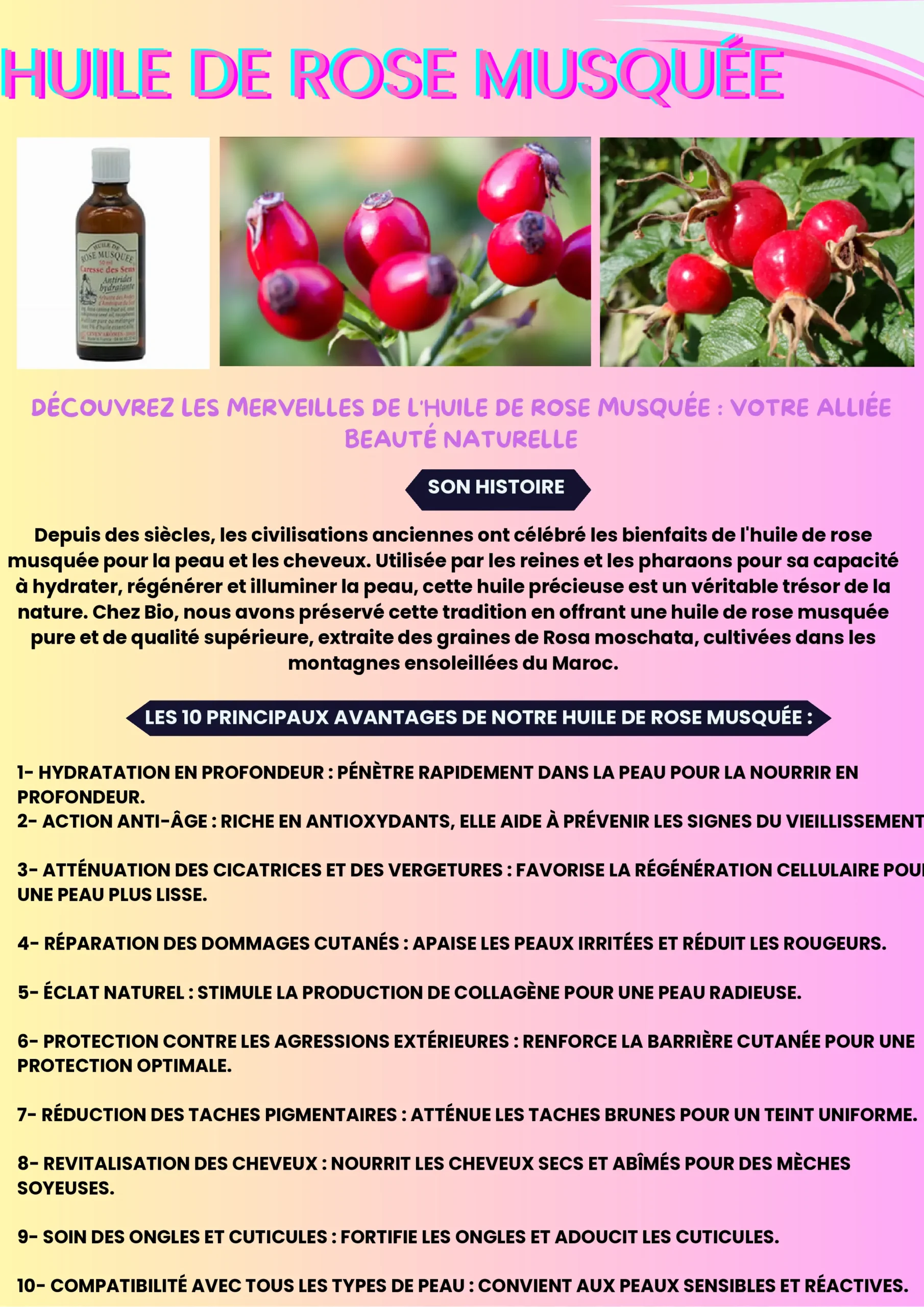 Flacon d'huile de rose musquée 100% pure, pour la régénération et le rajeunissement de la peau.
