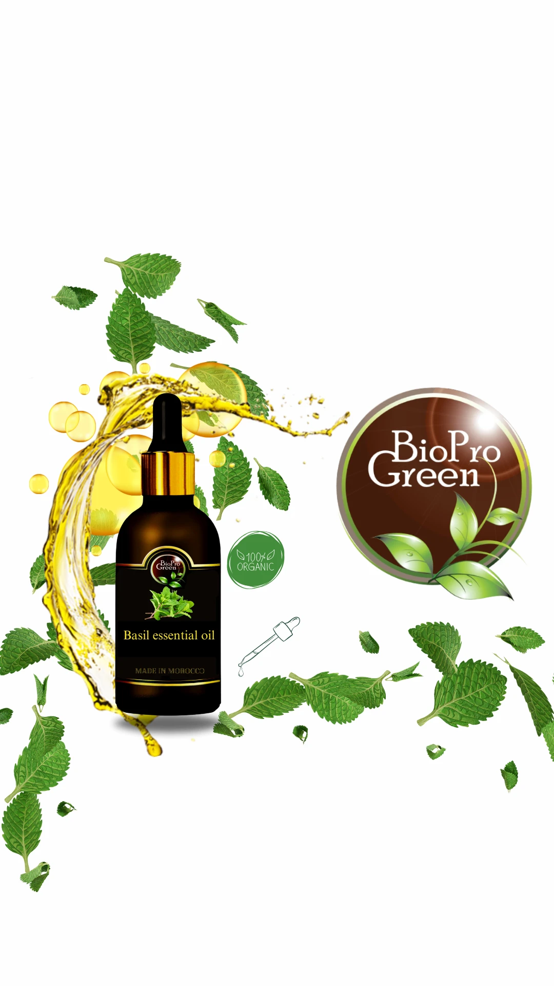 Bouteille d'huile essentielle de basilic 100% pure, pour la détente et le bien-être.