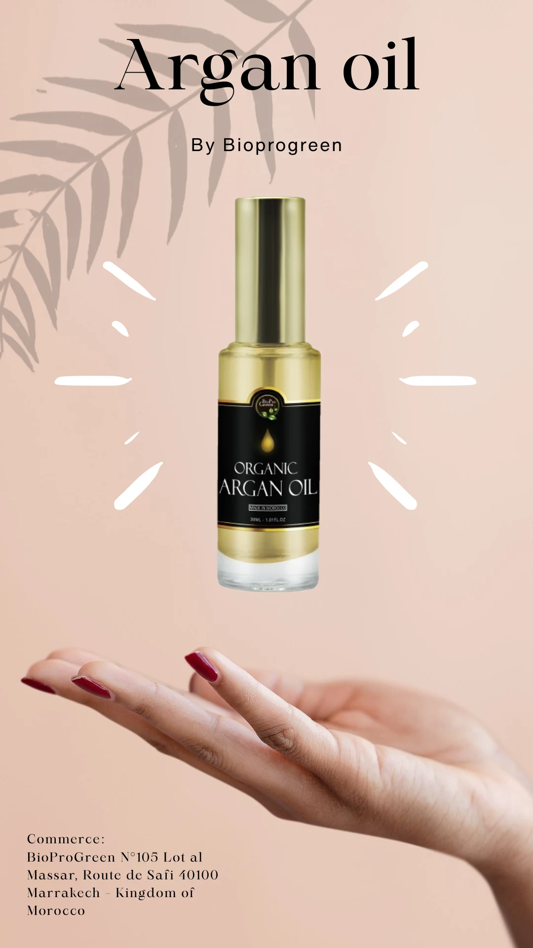 Bottle of 100% pure and natural argan oil, skincare, haircare, and nail treatment.