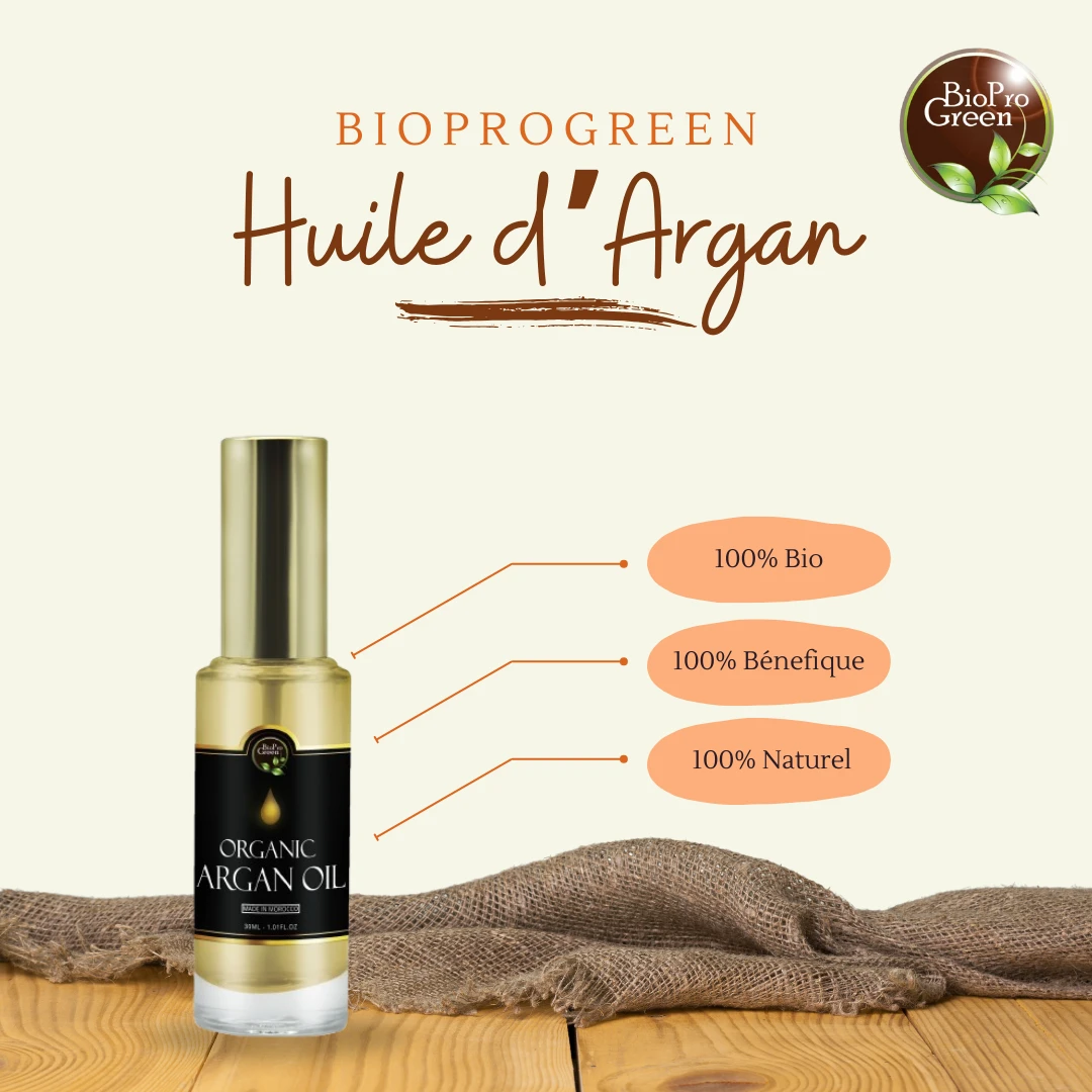 Bouteille d’huile d’argan 100% pure et naturelle, soin pour la peau, les cheveux et les ongles.