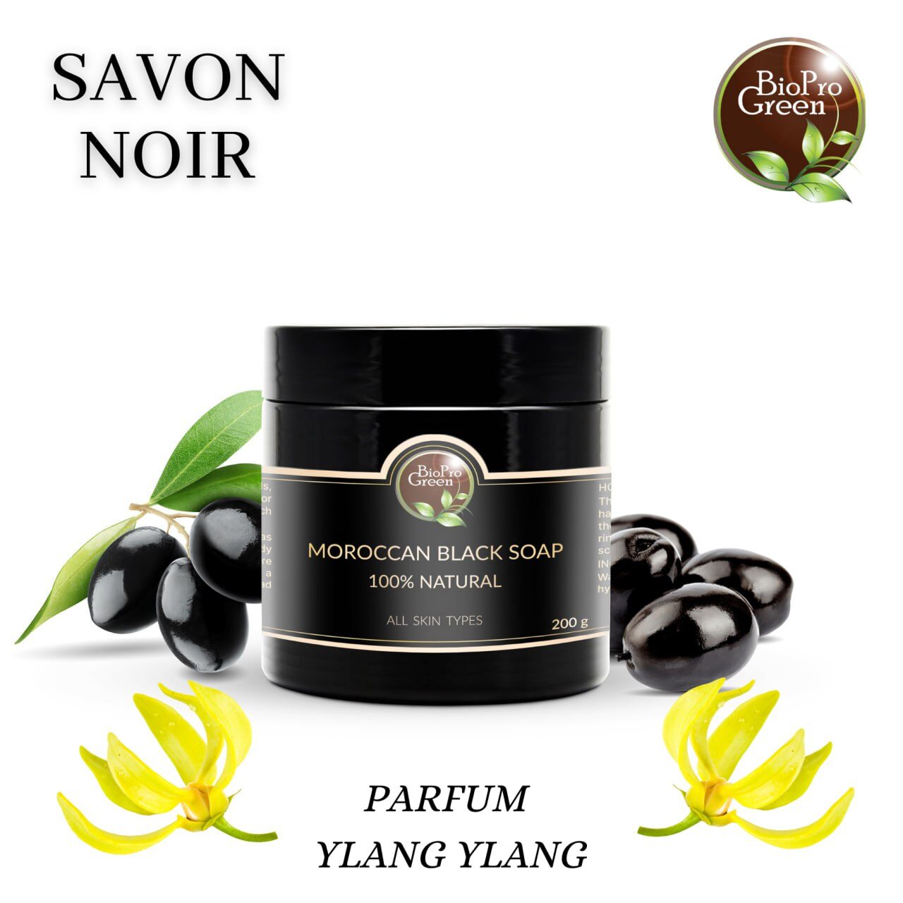 Savon noir parfumé à l’ylang-ylang dans un pot, soin naturel exfoliant, hydratant et relaxant pour la peau