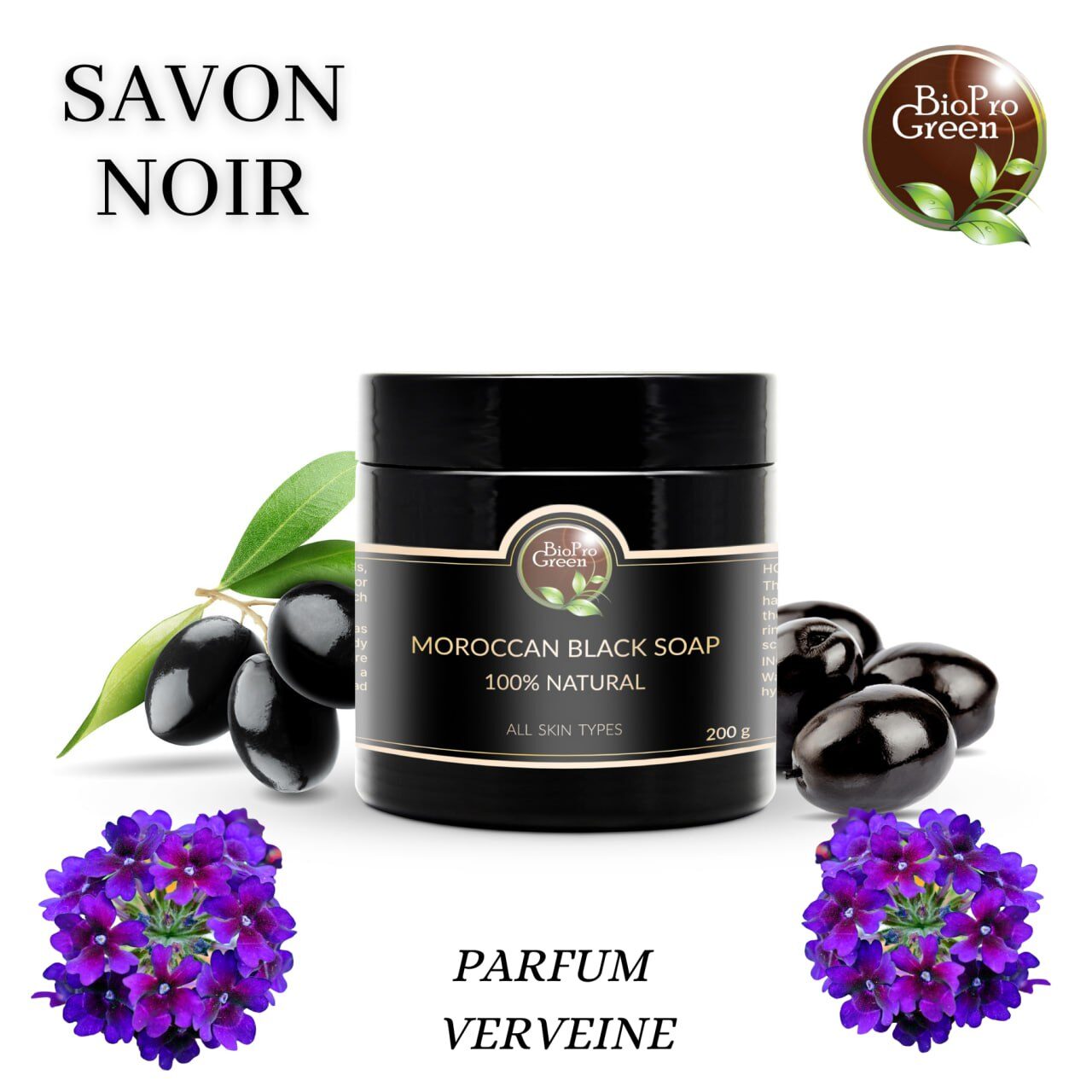 Savon noir parfumé à la verveine dans un pot, soin exfoliant et purifiant naturel pour une peau douce et fraîche